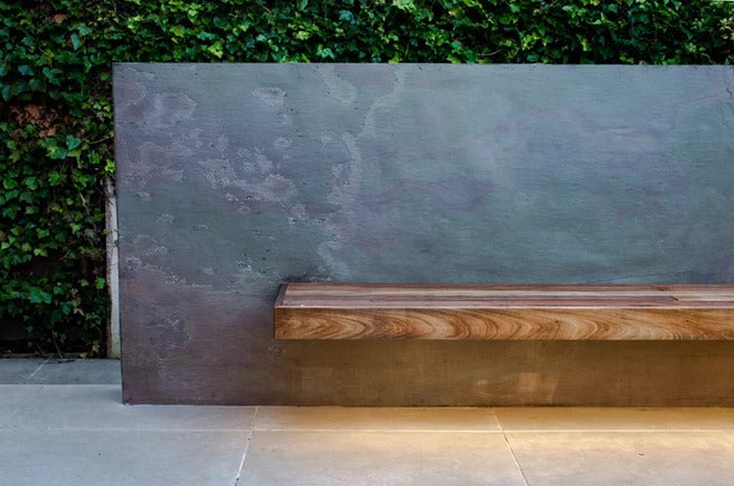 Arcobaleno Colore slate veneer exterior garden wall behind wooden bench