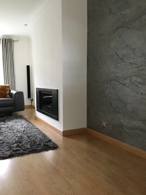 Argento slate veneer living room feature wall with fireplace