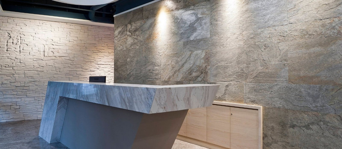 Flexible natural stone veneer wall cladding in a modern interior.