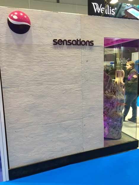 Ice Pearl limestone veneer exhibition display feature wall