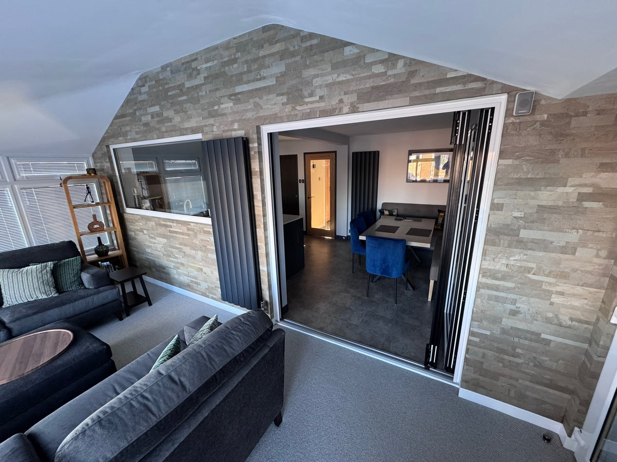 Tan slate veneer multi brick interior feature wall