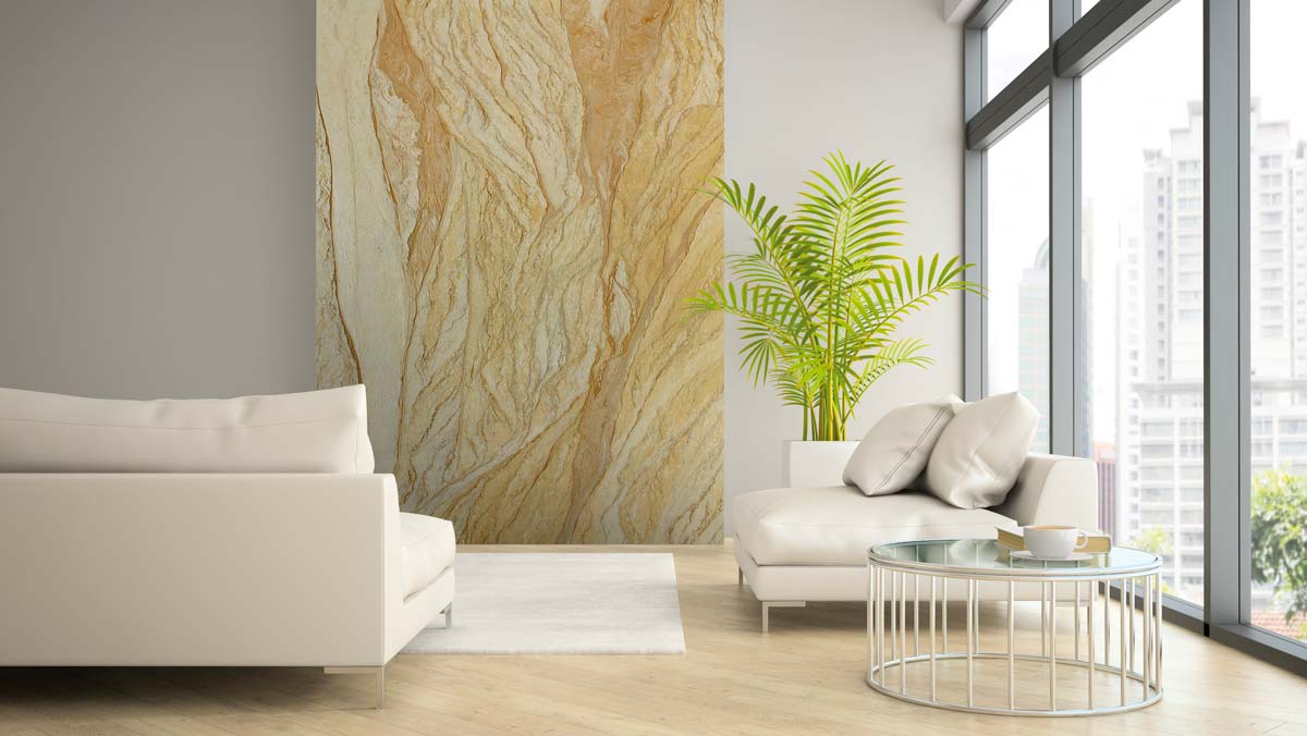 Crema Verona natural stone veneer living room feature wall.