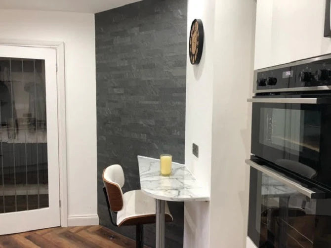 D Black slate veneer multi brick kitchen feature wall