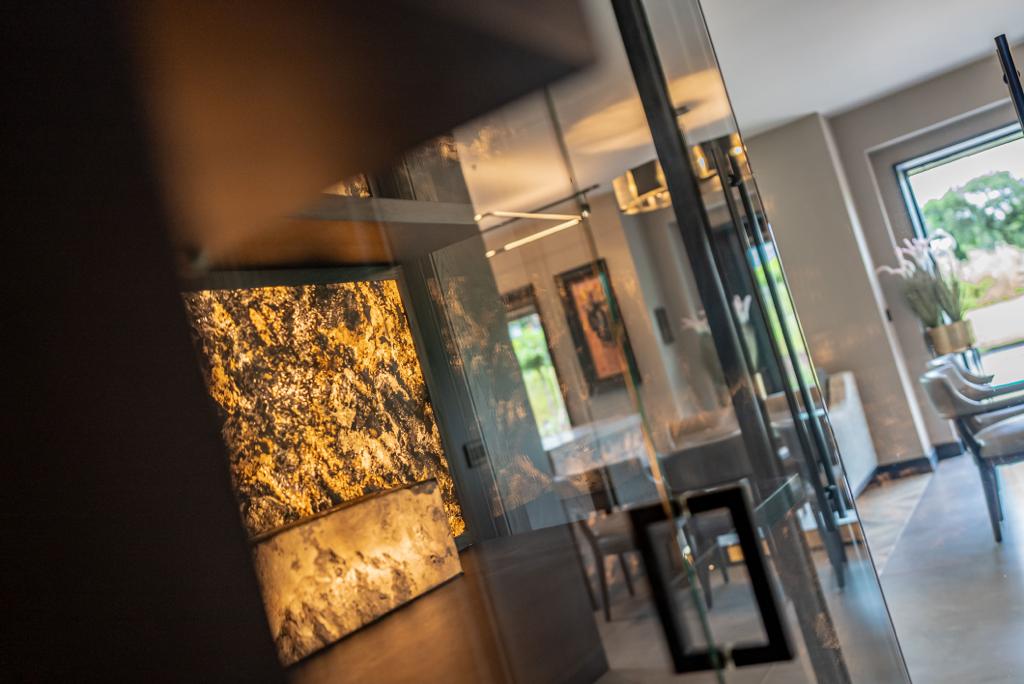 Backlit Rustique translucent stone veneer interior feature wall