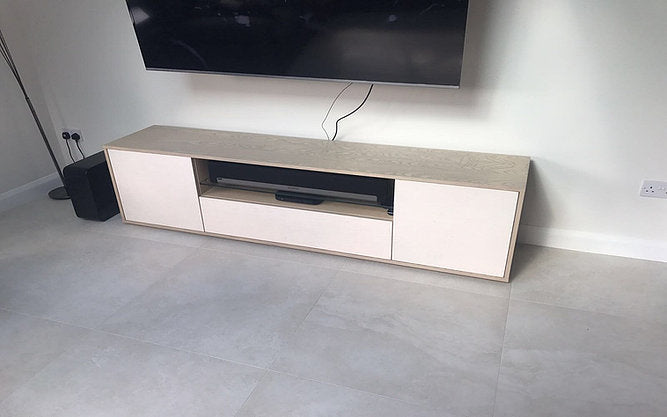 Ice Pearl limestone veneer media cabinet doors