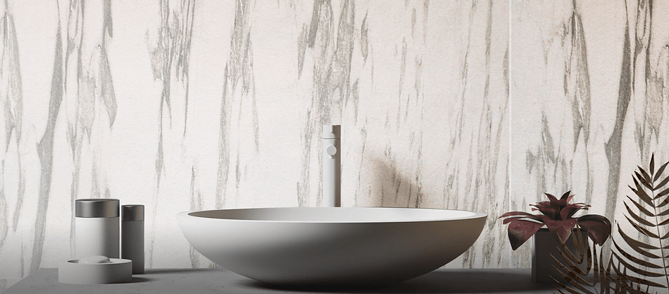 Mystic White marble veneer feature wall