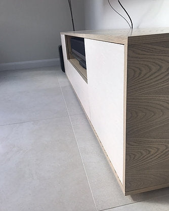 Ice Pearl limestone veneer media cabinet doors