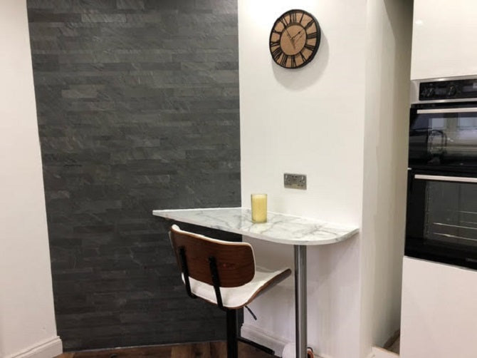 D Black slate veneer multi brick kitchen feature wall
