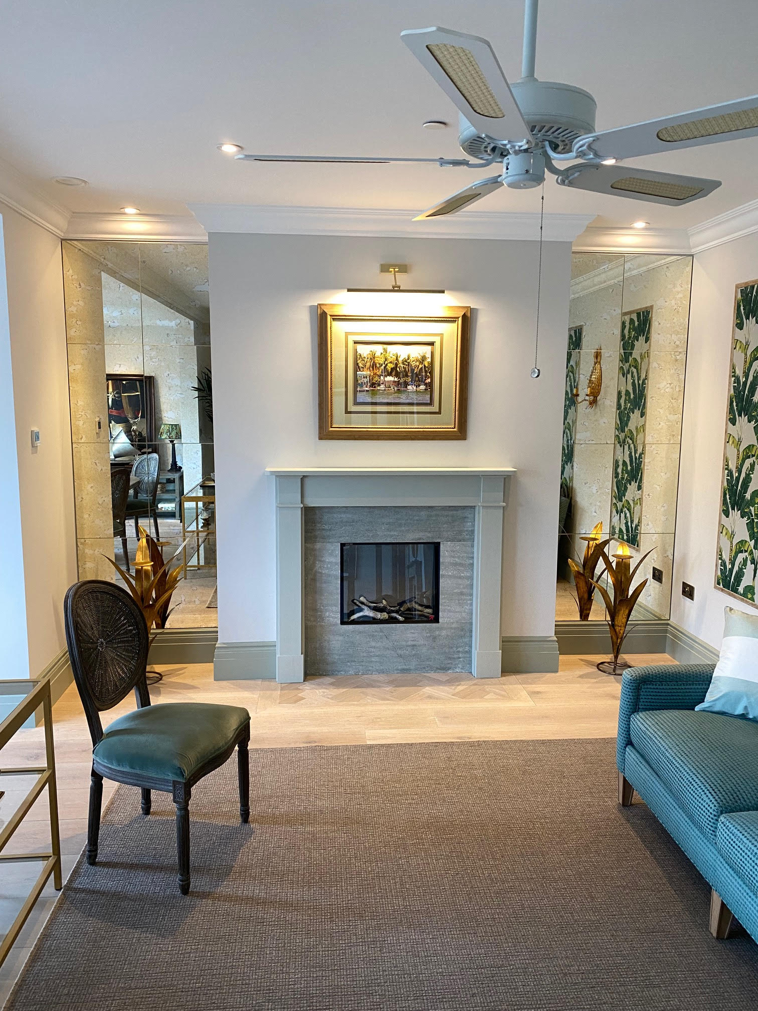 Green Pearl limestone veneer fireplace