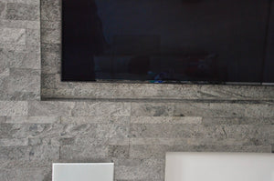 Silver grey slate veneer multi brick pattern sheets media feature wall