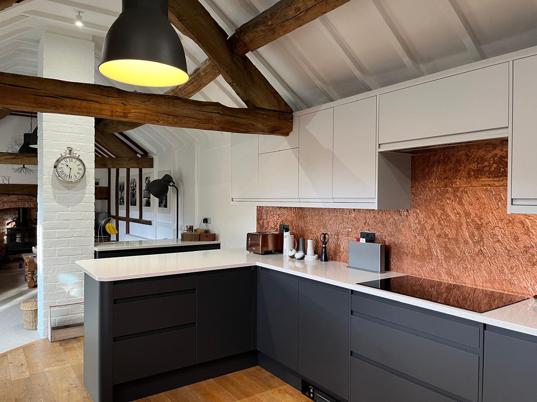 copper metal veneer kitchen walls 