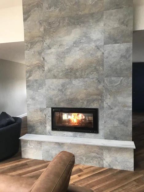 Bianco slate veneer living room fireplace feature wall
