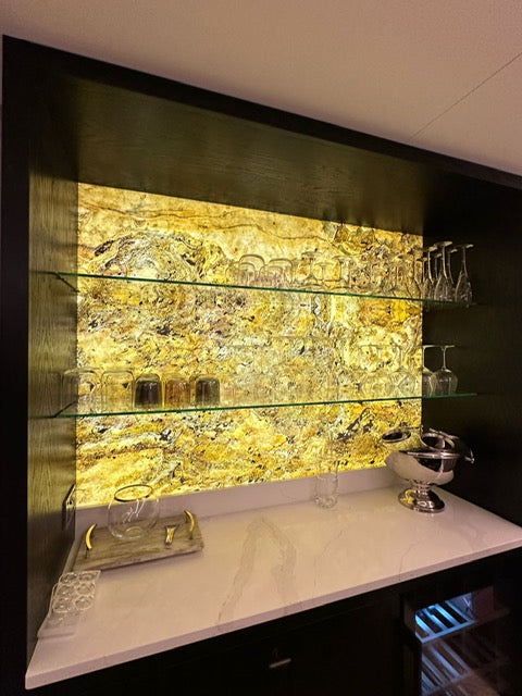 Back-lit Falling Leaves translucent stone veneer feature wall.