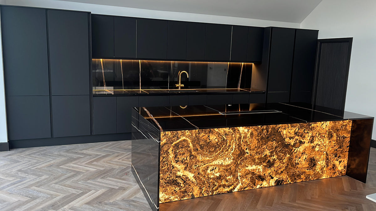 Backlit Rustique translucent slate veneer kitchen island