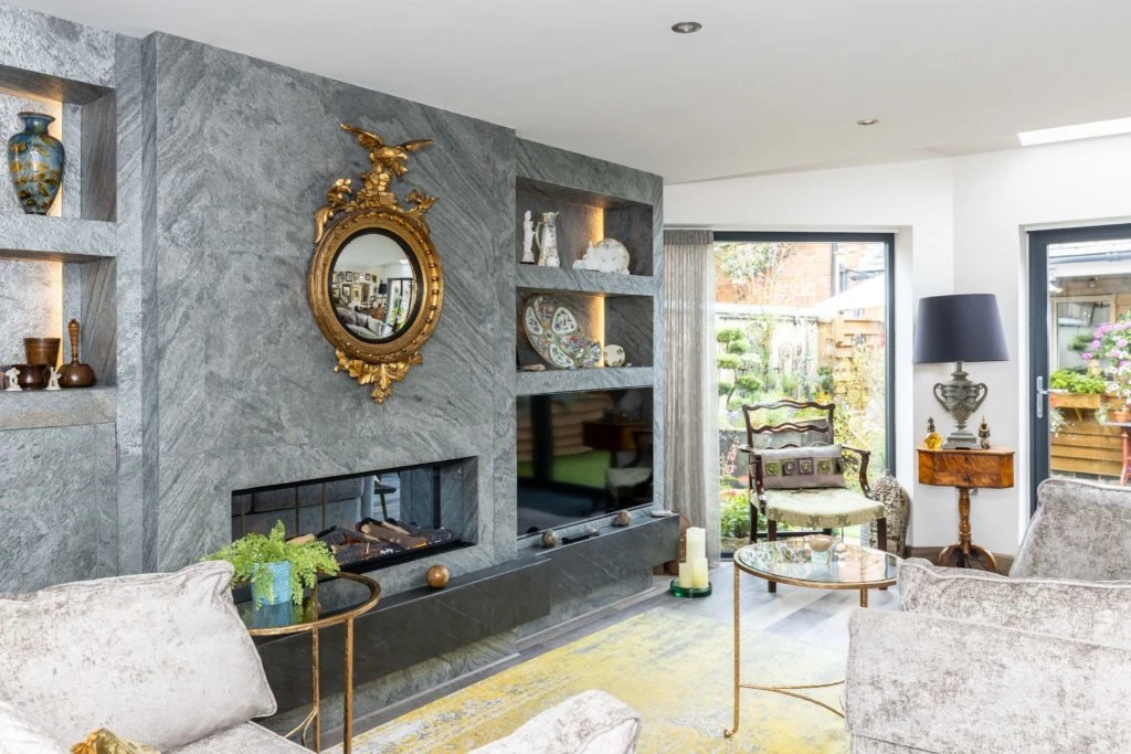 Silver Grey slate veneer feature wall with shelving and mirror
