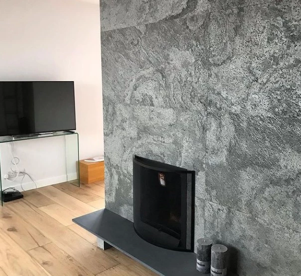 Silver Grey slate veneer living room fireplace feature wall