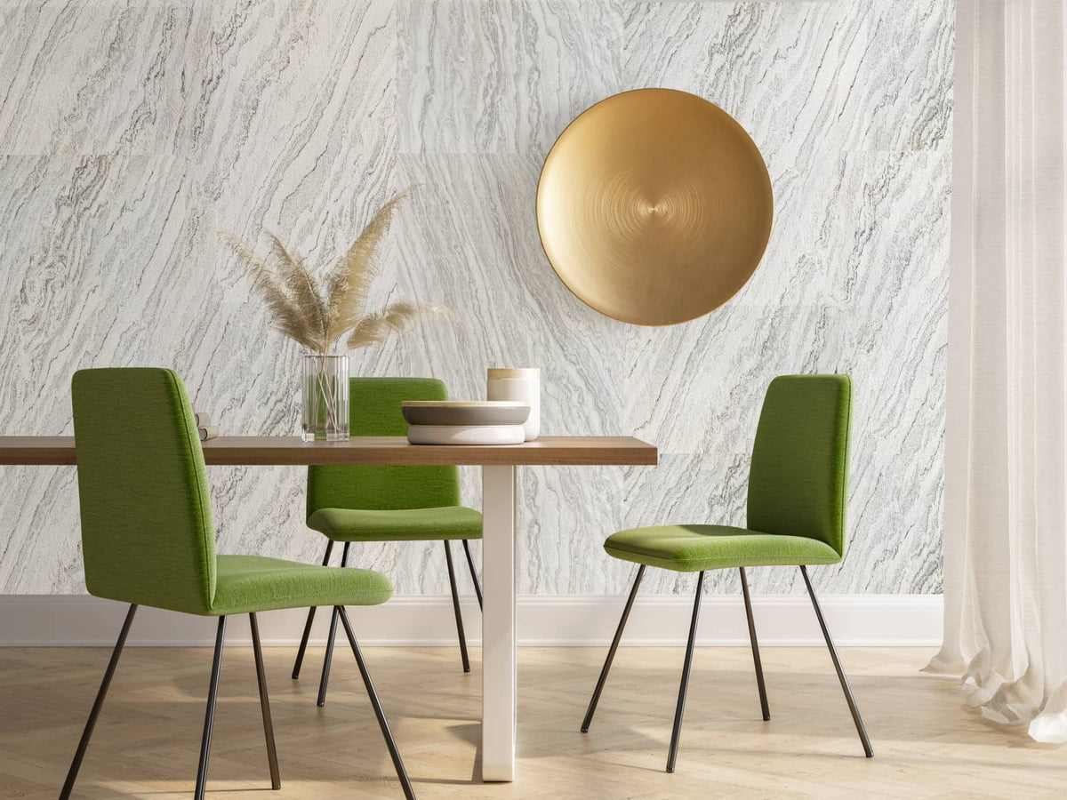 Arctic White natural stone veneer dining room feature wall