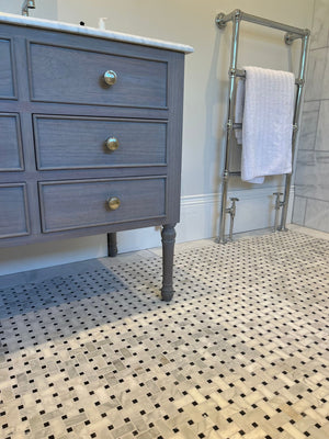 Carrara White marble basket weave mosaic tile bathroom floor 