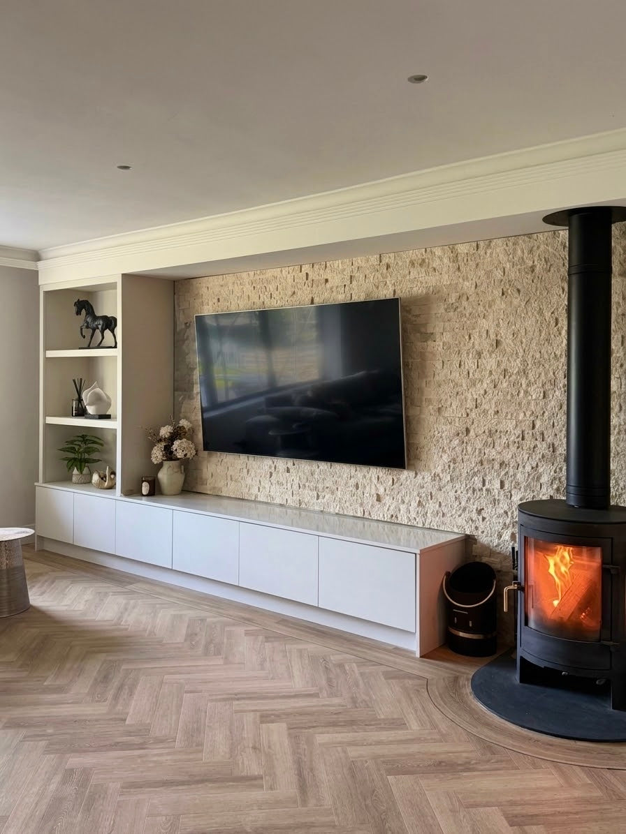 Classic travertine split face cladding media wall