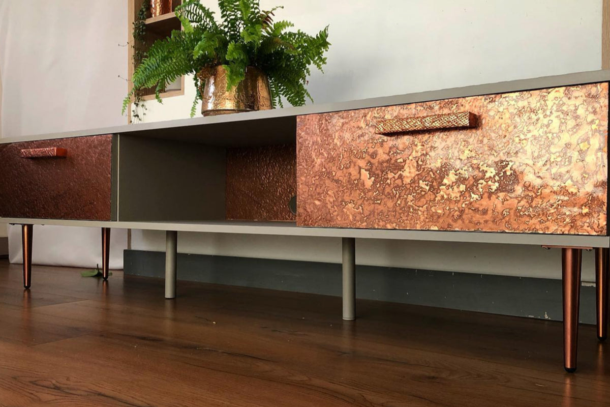 Copper metal veneer cabinet fronts with textured finish