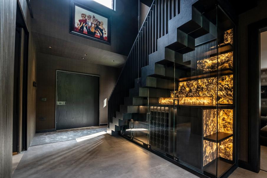 Back-lit Rustique translucent stone veneer staircase feature wall