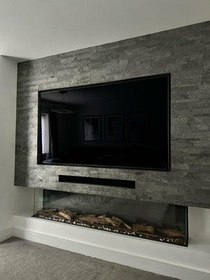 Silver grey slate veneer multi brick pattern sheets media feature wall