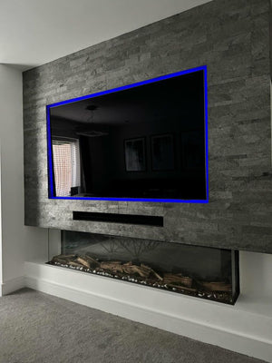 Silver grey slate veneer multi brick pattern sheets media feature wall