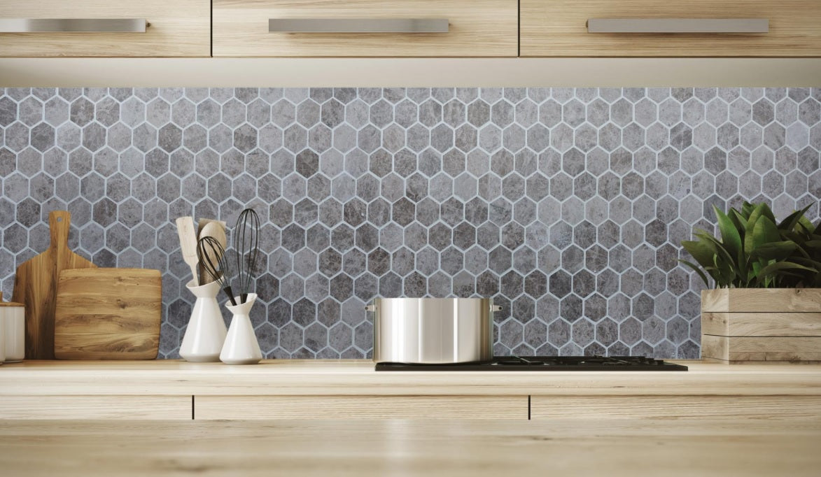 x4 Boxes (3.476 sq mtrs) of Silver Shadow Marble Hexagon Mosaic Tiles