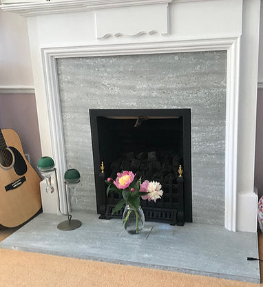 Green Pearl limestone veneer fireplace 
