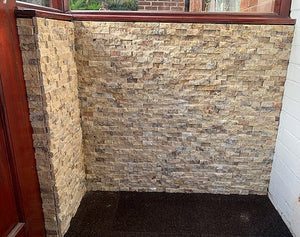 Scabos multi colour travertine split face stone tiles feature wall