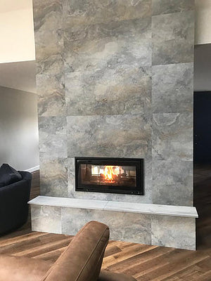 Bianco slate veneer fireplace feature wall