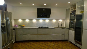 Ice Pearl limestone veneer kitchen doors and kitchen walls