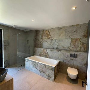 Bianco slate veneer bathroom feature wall and bath panel 