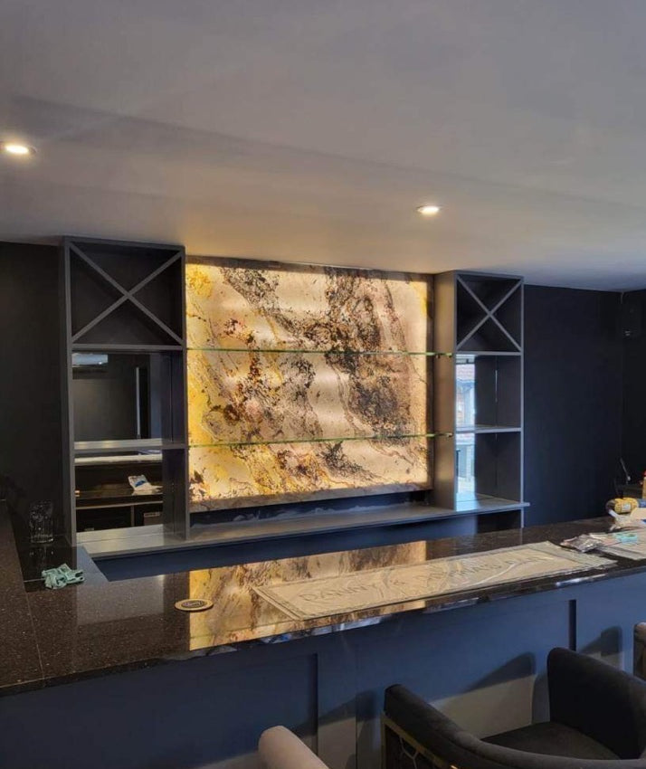bianco translucent slate veneer feature panel in bar
