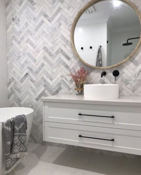 Carrara white marble herringbone mosaic 