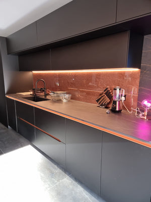 Copper metal veneer kitchen walls