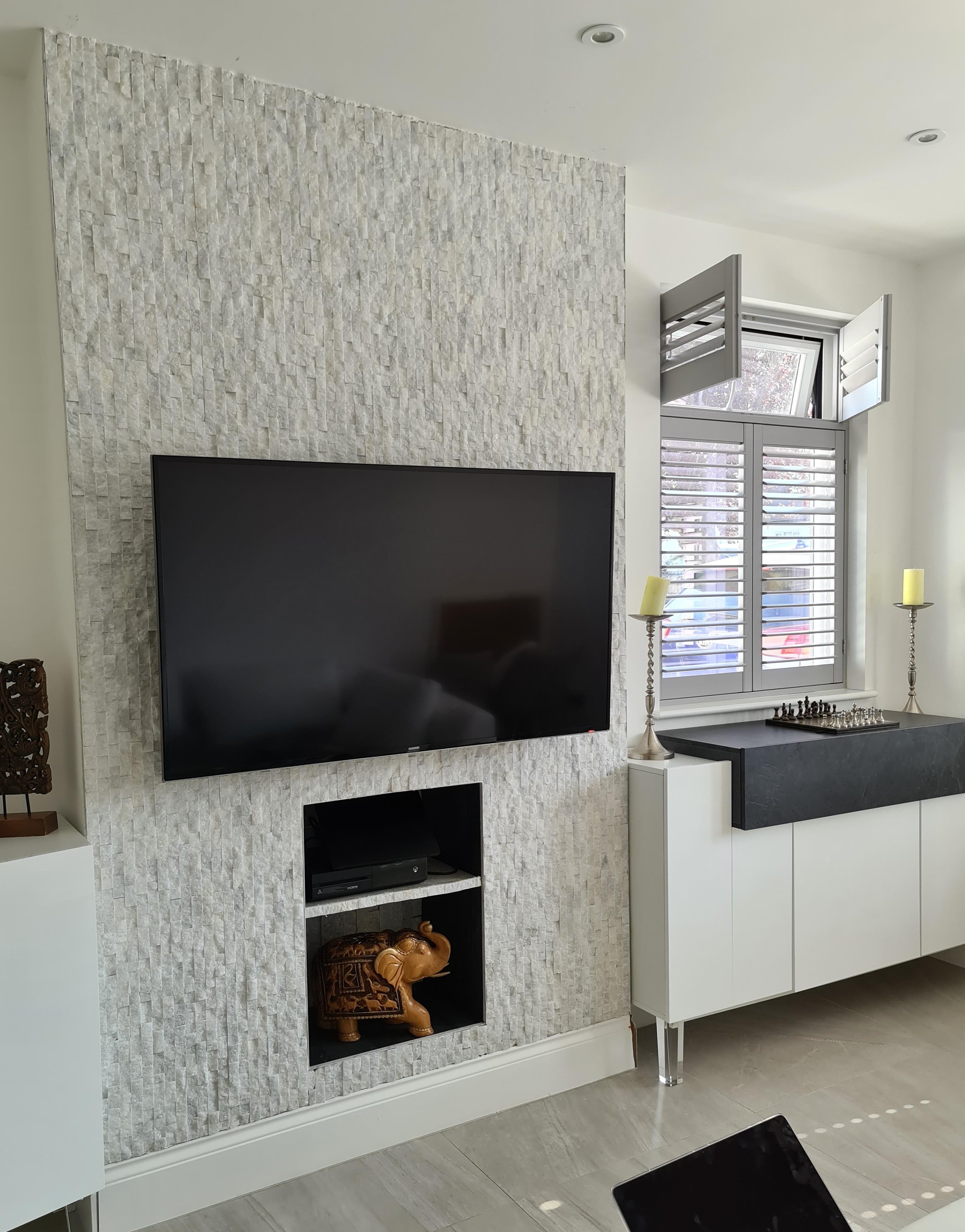 White marble split face cladding natural stone tile feature wall